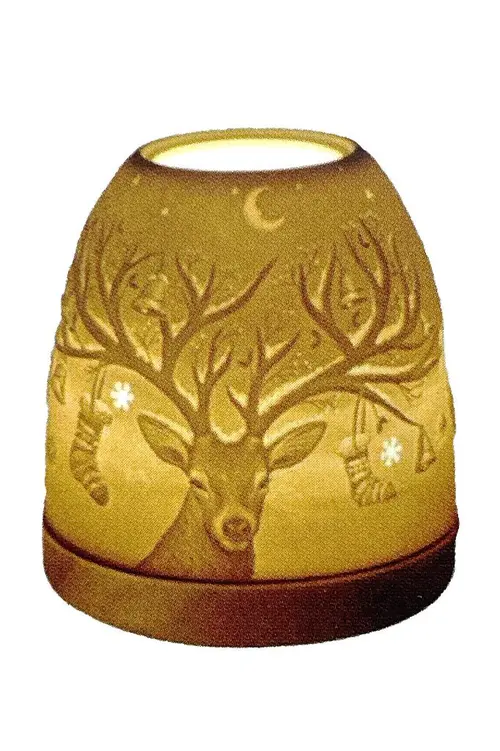 Accessoire au jardin：Photophore mini igloo en céramique blanche et socle bois motif cerf - Ø 9 x H 11 cm