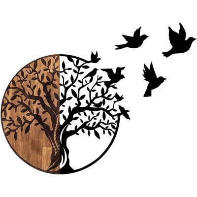 Décoration murale en bois et métal Arbre et oiseaux en vol