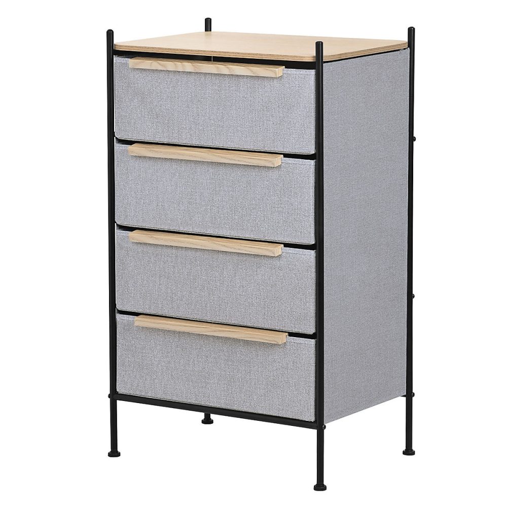 Commode ML | Design à 4 tiroirs tissu gris clair 58x98x42 – 5 cm avec structure en acier aspect chêne