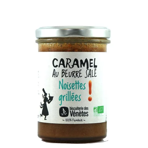 Essentiel extérieur：Crème de caramel bio noisettes grillées. Le pot de 220 g
