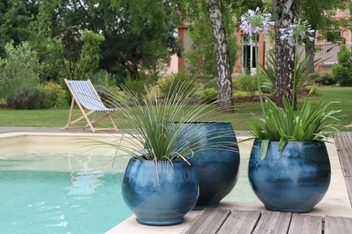 Pour tous les jardins:Pot en terre cuite émaillée coloris bleu Les Poteries d'Albi Bahia - Ø 35 x H 38 cm