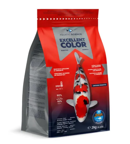 Un choix malin pour le jardin：Nourriture complète premium pour koïs de minimum 15 cm de long Aquatic Science Excellent Color - Taille M sac de 2 kg
