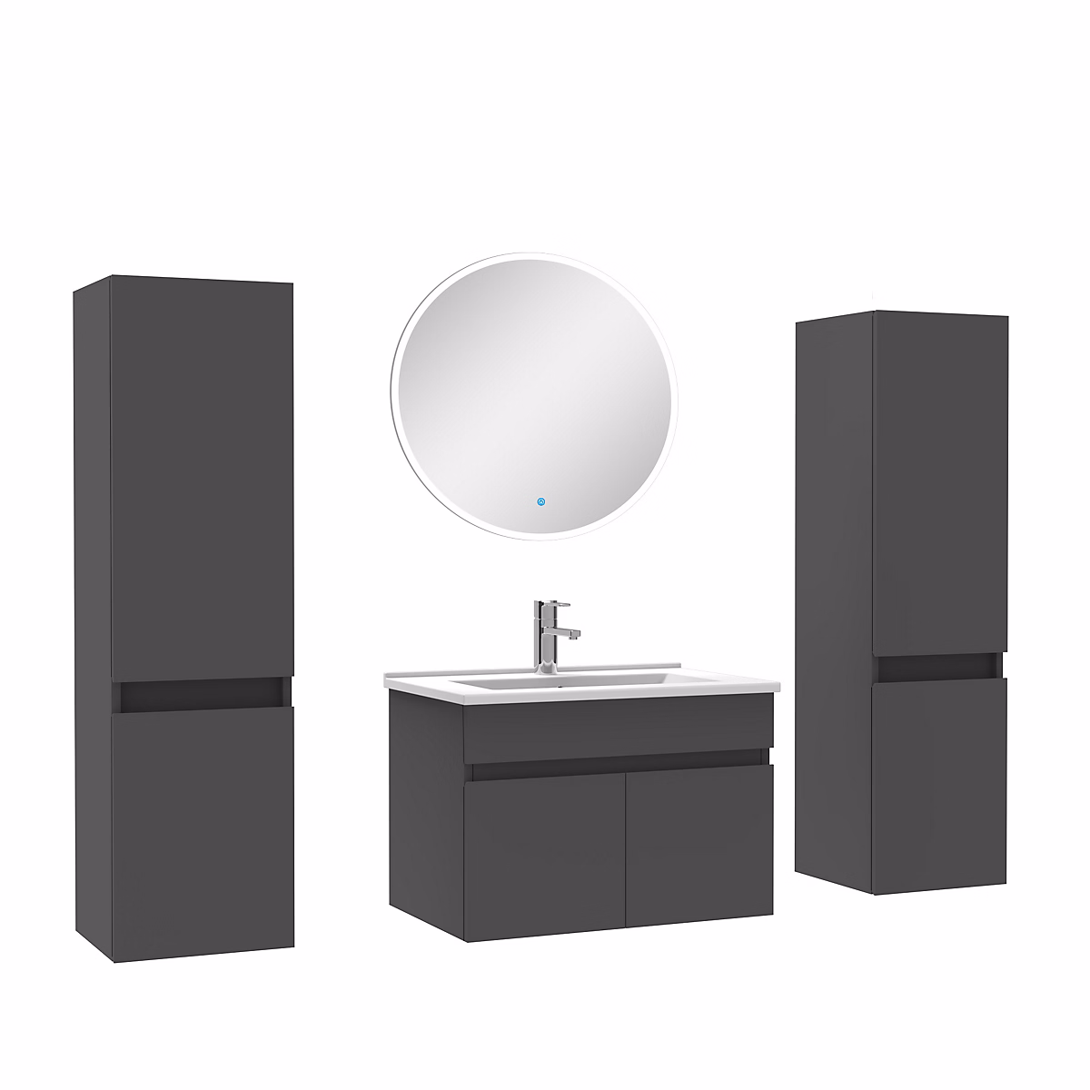 Ensemble meubles Salle de Bain simple vasque 60cm – colonne x2 + miroir rond Anthracite