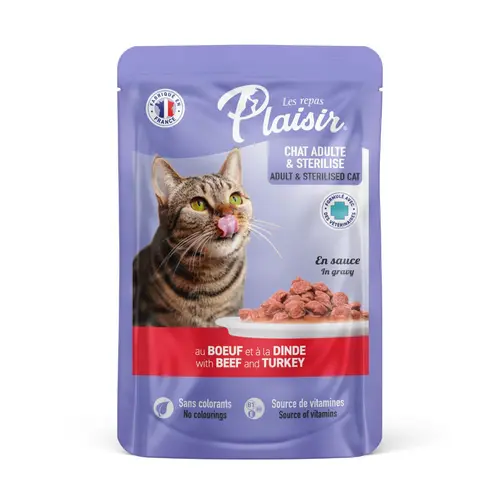Pour compléter votre jardin:Aliment humide pour chat Plaisir bœuf dinde en pochon de 100 g