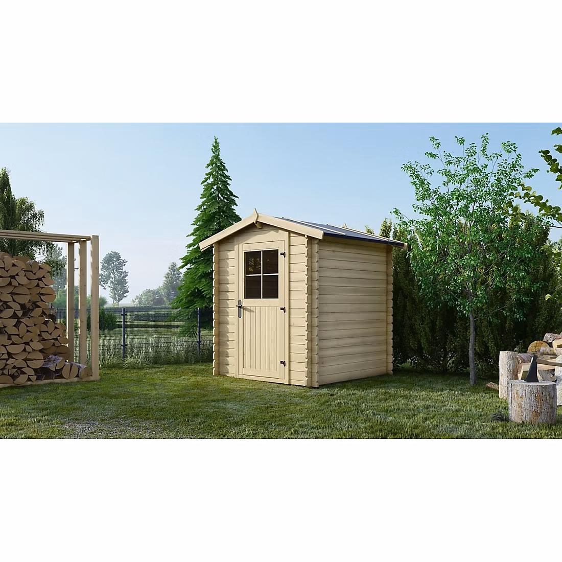 Abri de jardin en bois – 3.61m2, 1.9 × 1.9m, Ep. 28mm, Couleur: naturel, DOM593