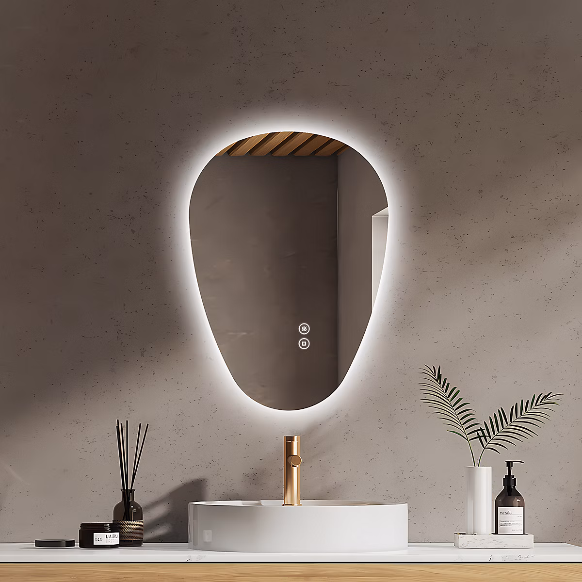 EMKE Miroir Salle de Bain avec Éclairage 60 × 45cm | Asymétrique – Interrupteur Tactile – 3 Couleurs de LED Lumière Réglables – Anti – Buée