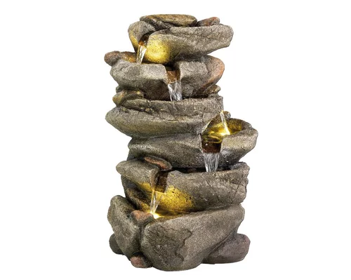 Style nature:Fontaine en polyrésine grise avec Cascade de pierres - 26 x 31 x 50,6 cm
