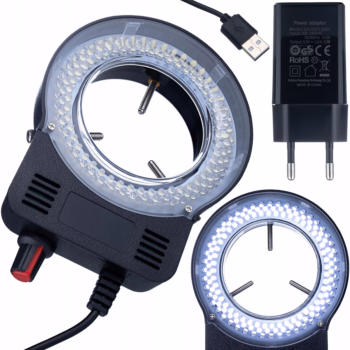 Eclairage Annulaire LED 144 USB – 0-10W, Diamètre 30-65 mm, Intensité Réglable 0-100%, Pour Microscope