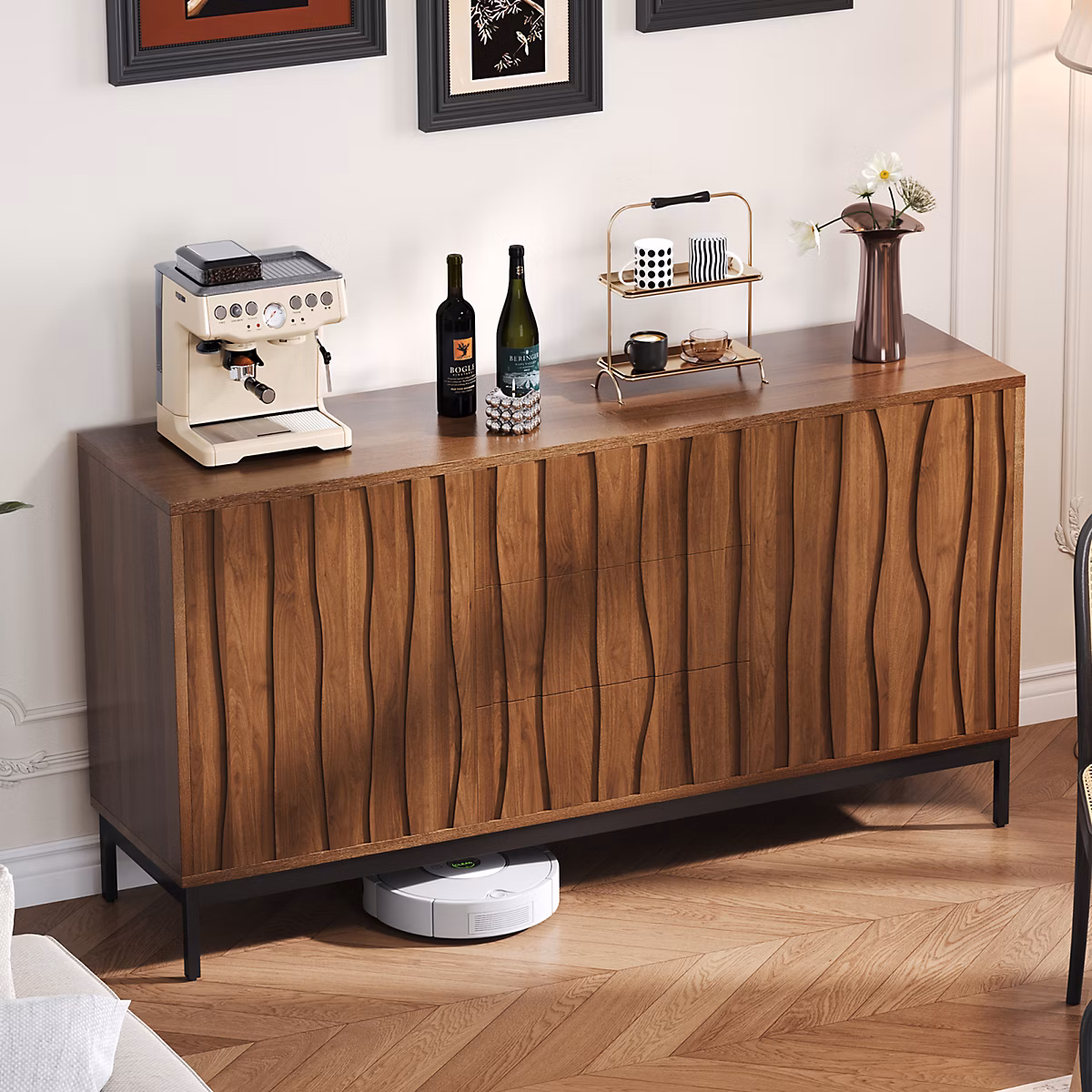 Buffet en chêne foncé 150 cm – 3 tiroirs, grand rangement, style Mid Century Modern, idéal pour cuisine, salon, hall et couloir