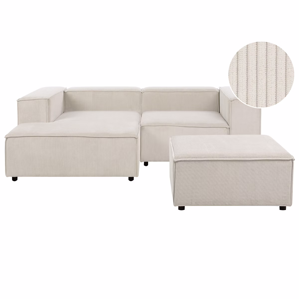 Canapé d'angle modulable 2 places ARDAL avec ottoman Velours côtelé Blanc cassé Côté droit – Réf. KSIIJBUKS9461258167