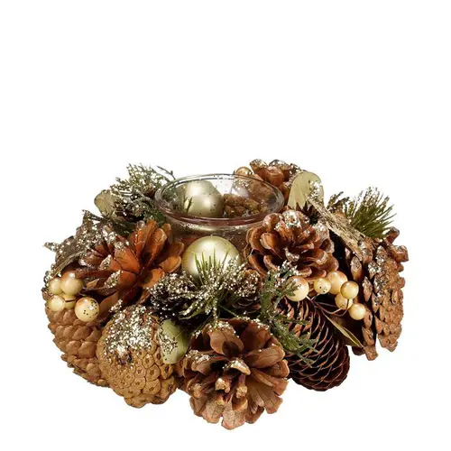 Sélection au jardin:Centre de table bougeoir avec sapin et pommes de pin dorée Brant - Ø 19 x H 9 cm