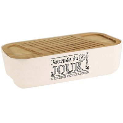 Boite à pain couvercle en bambou Fournée du jour (Blanc crème)