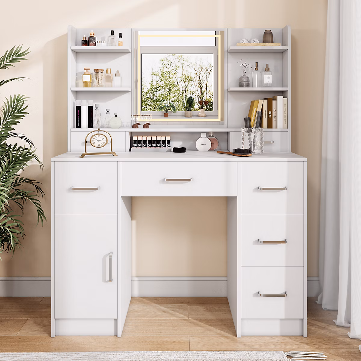 Coiffeuse en MDF avec Miroir 3 Couleurs – LED Tactile, 2 Tiroirs, Prises EU + USB, Support Sèche-Cheveux, Blanc