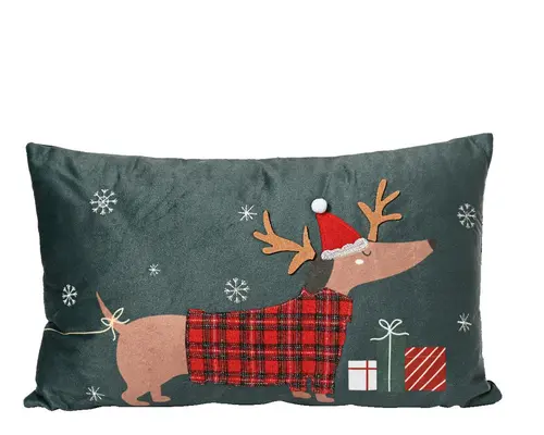 Pour compléter vos extérieurs:Coussin vert en polyester imprimé Chien de Noël - 50 x 30 x 8 cm