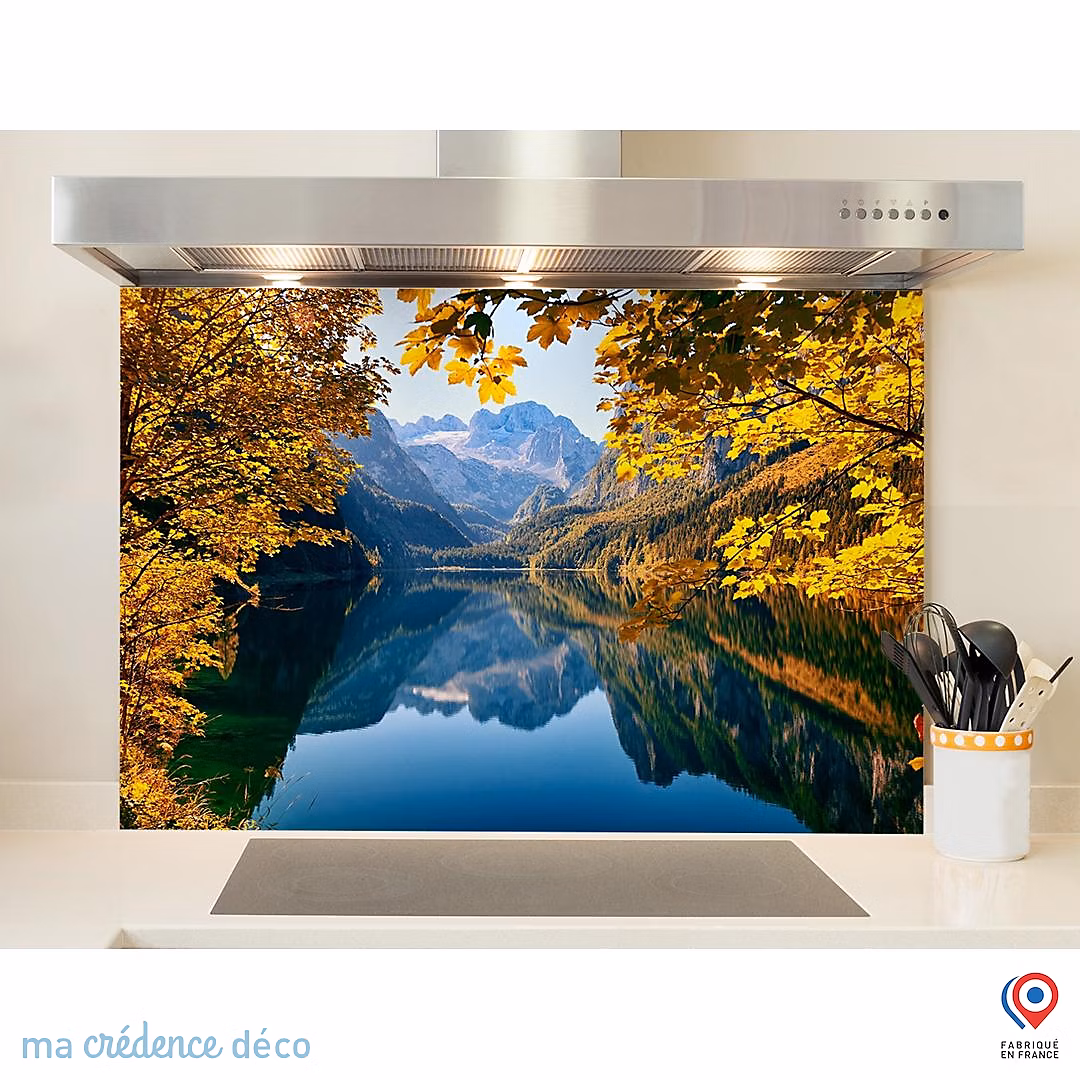 Crédence cuisine fond de hotte Lac de montagne – Alpes, Verre trempé, L 90 cm x H 60 cm, MaCrédenceDéco