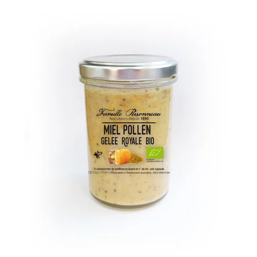 À avoir pour l’extérieur：Miel crémeux avec pollen et gelée royale bio en pot de 250 g