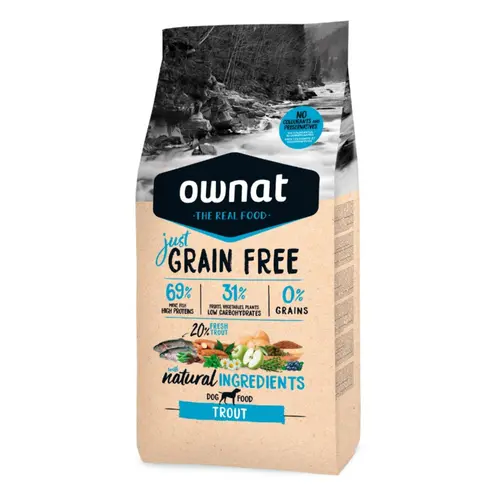 À avoir pour l’extérieur：Croquette pour chien adulte Just Grain Free sans céréales à la truite Ownat - 3 kg