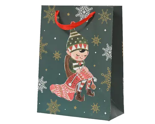 Une idée pour le jardin：Sac cadeau en papier métallisé vert décor elfe moyen modèle - 10 x 26 x 32 cm