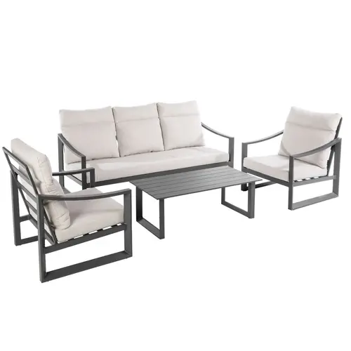 Jardin essentiel：Salon de jardin dossier haut en aluminium coloris anthracite Hoya - 4 éléments (canapé, table basse et deux fauteuils)