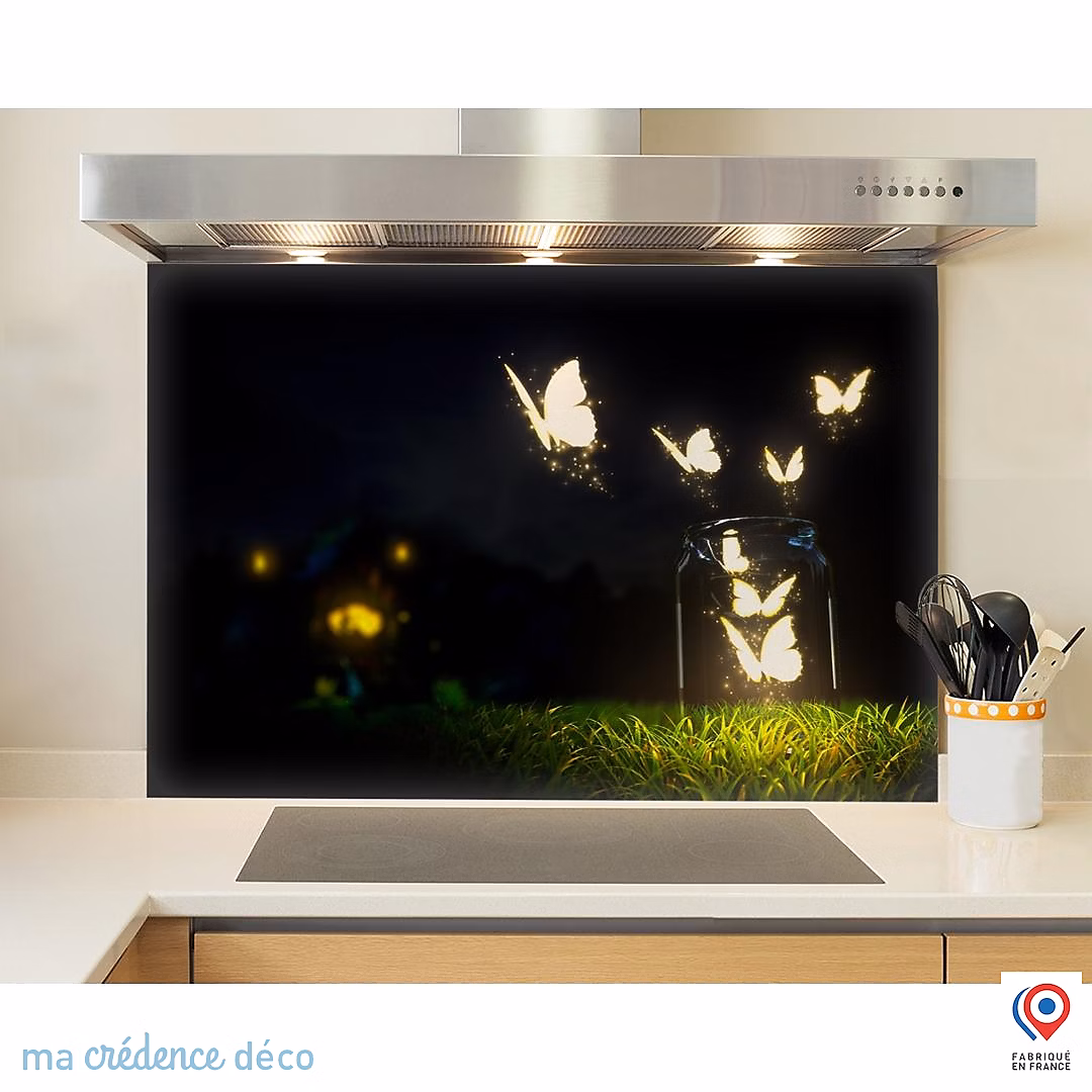 Crédence cuisine fond de hotte Papillons et lumière – Verre trempé, L 90 cm x H 50 cm, MaCrédenceDéco