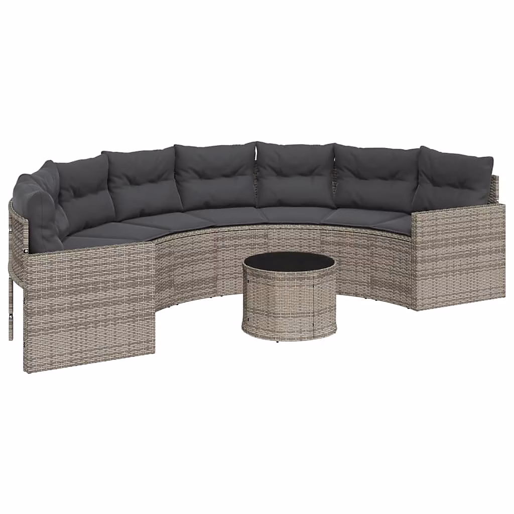 Canapé de jardin table coussins demi-rond gris résine tressée vidaXL – Réf. MBEGDASVW1220010474