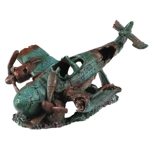 L’essentiel pour l’extérieur：Décor d'aquarium avion englouti 2 coloris multicolore en résine de polyester - 32,5 x 21,5 x 18 cm
