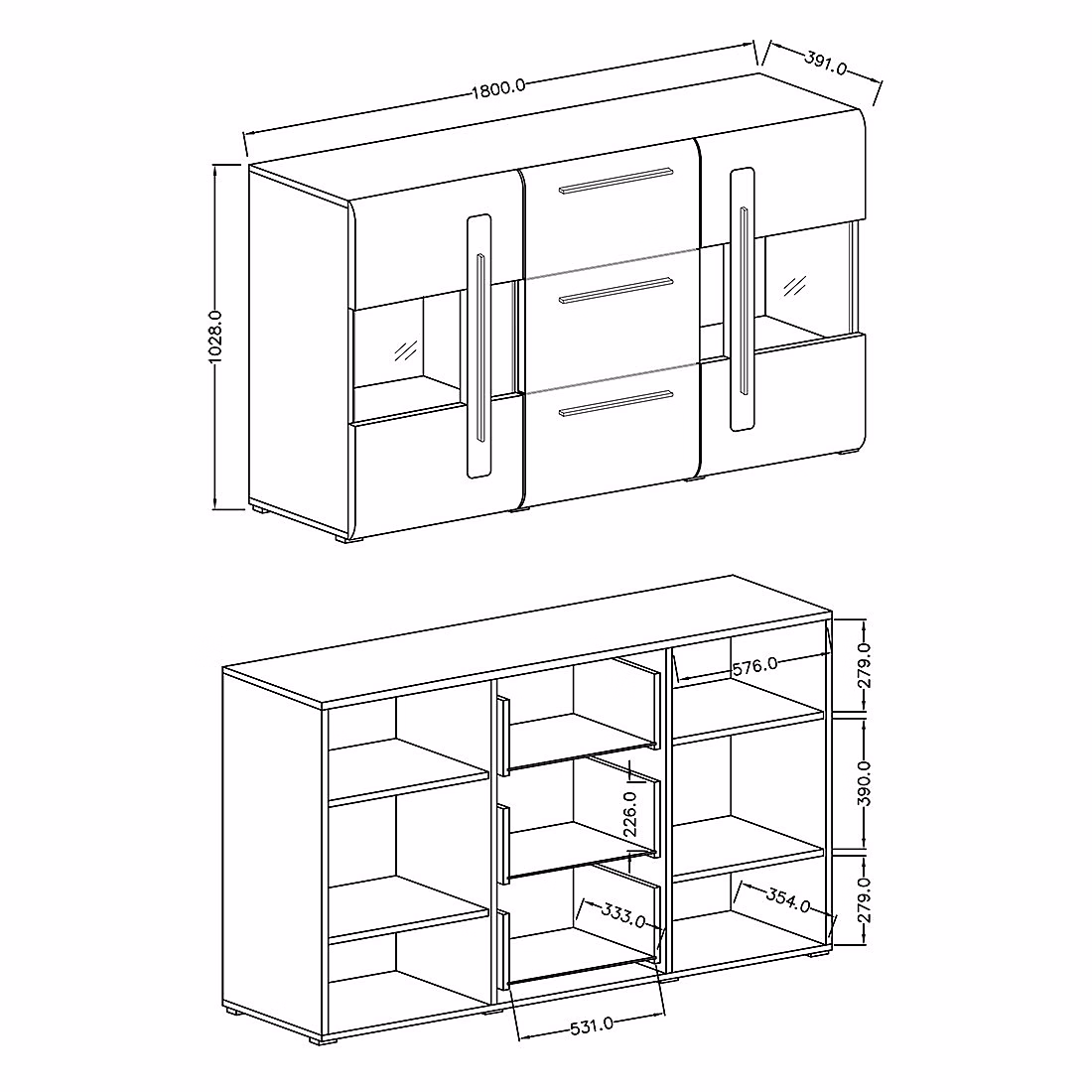Buffet BREDA 180 cm meuble design chene avec LED – portes partiellement vitrées et 3 tiroirs