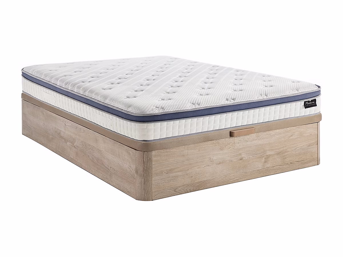 Ensemble 160 × 200 cm sommier coffre naturel clair + matelas hybride ressorts ensachés 7 zones et mémoire de forme ép.25cm – MALAO