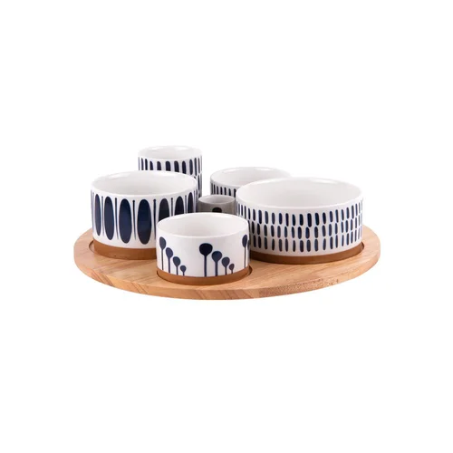 Jardin essentiel:Service apéritif en porcelaine multicolore Mikonos - 1 Plateau en bois et 6 coupelles