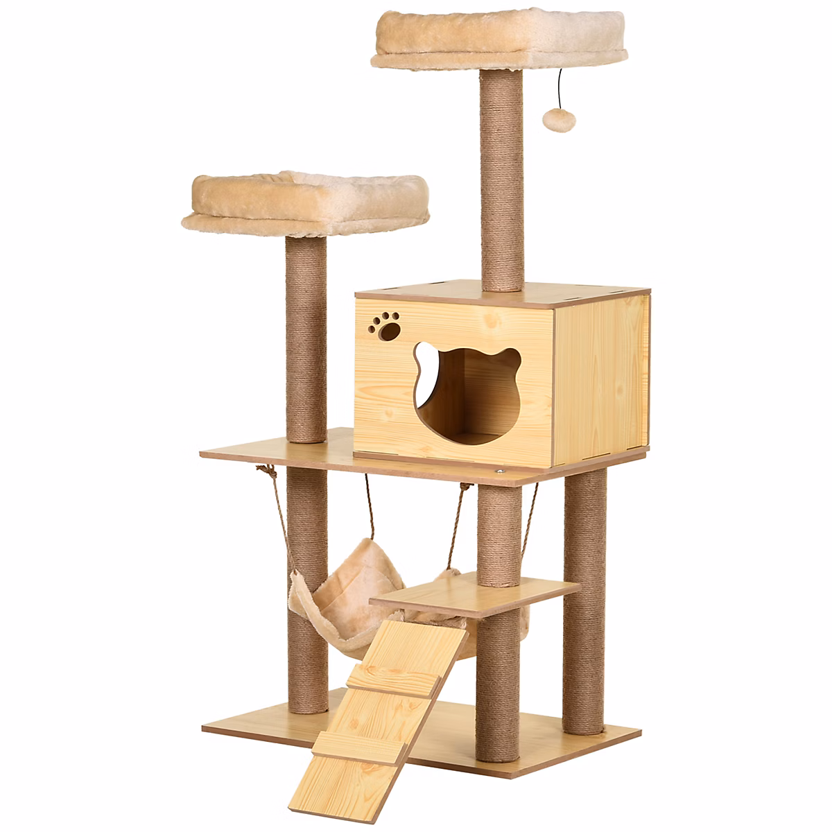 Arbre à chats design contemporain griffoirs grattoirs sisal naturel niche plate-formes hamac boule panneaux particules beige – Réf. BTYSYLNWE5071717781