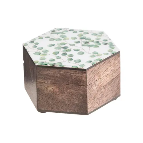 Une solution adaptée à l’extérieur:Boîte hexagonale en bois de manguier brun et motifs eucalyptus - 11 x 13 x 6,5 cm