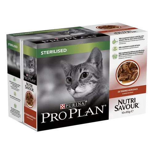 Pensé pour vos extérieurs：Patée pour chat stérilisé nutrisavour au bœuf Pro plan 10x85 g