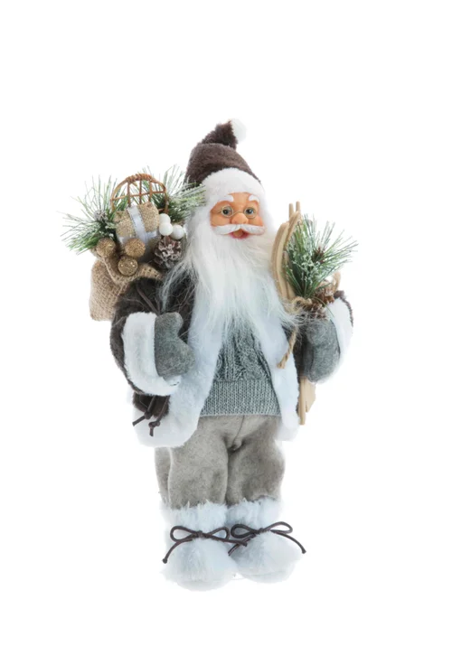 Pour vos jardins:Père Noël en tissu brun/gris avec hotte de cadeaux et skis - 30 cm