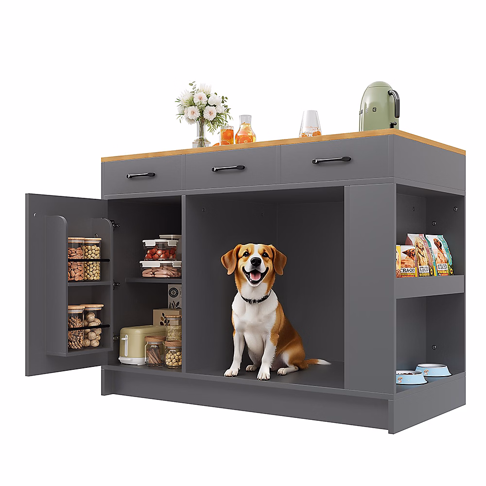 Armoire îlot 120 × 60 × 90 cm – 3 tiroirs | étagère à épices | espace animaux | gris