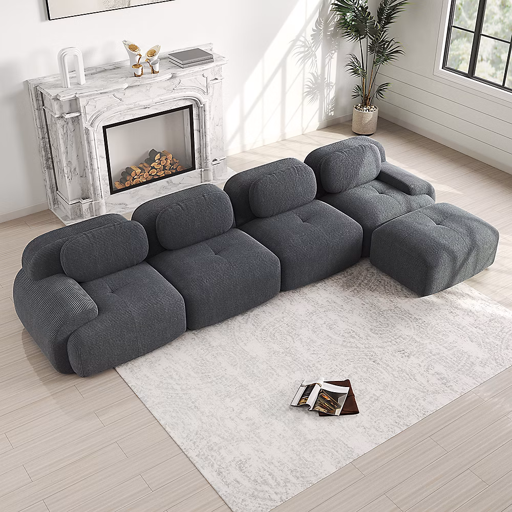 Canapé d'angle 4 places avec chaise longue – antidérapant, gris, rembourrage 32D, accoudoirs extra-larges