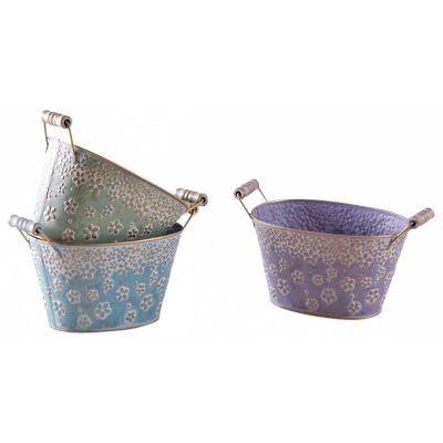 Corbeille ovale en métal motif fleurs 18 cm (Lot de 3)