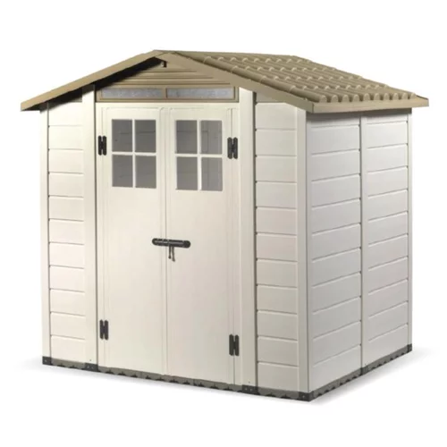 Simple dehors：Abri de jardin en résine beige Foresta Evo - 181 x 220 x 216 cm