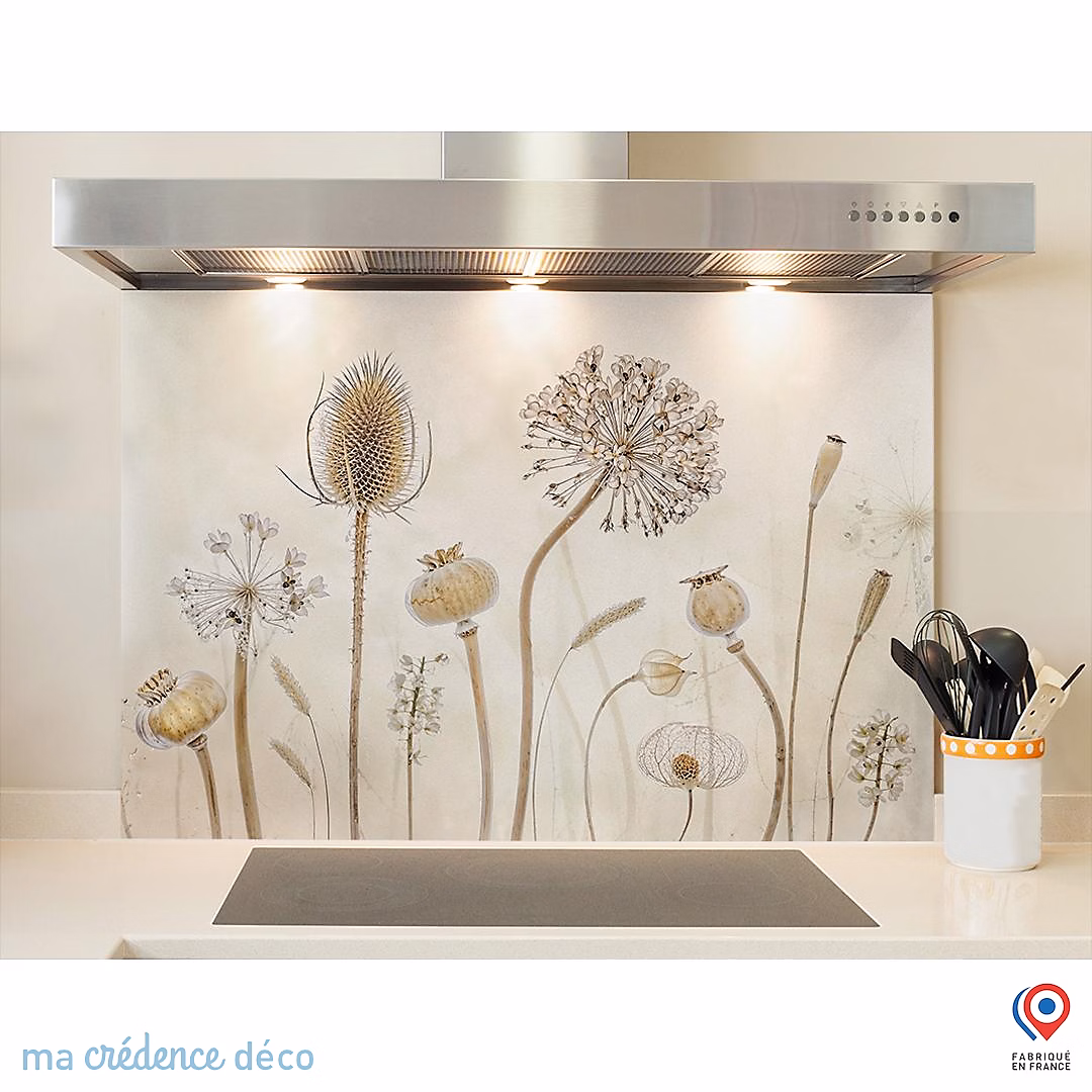 Crédence cuisine fond de hotte fleurs et pissenlits 3 – Verre trempé, L 90 cm x H 60 cm, MaCrédenceDéco