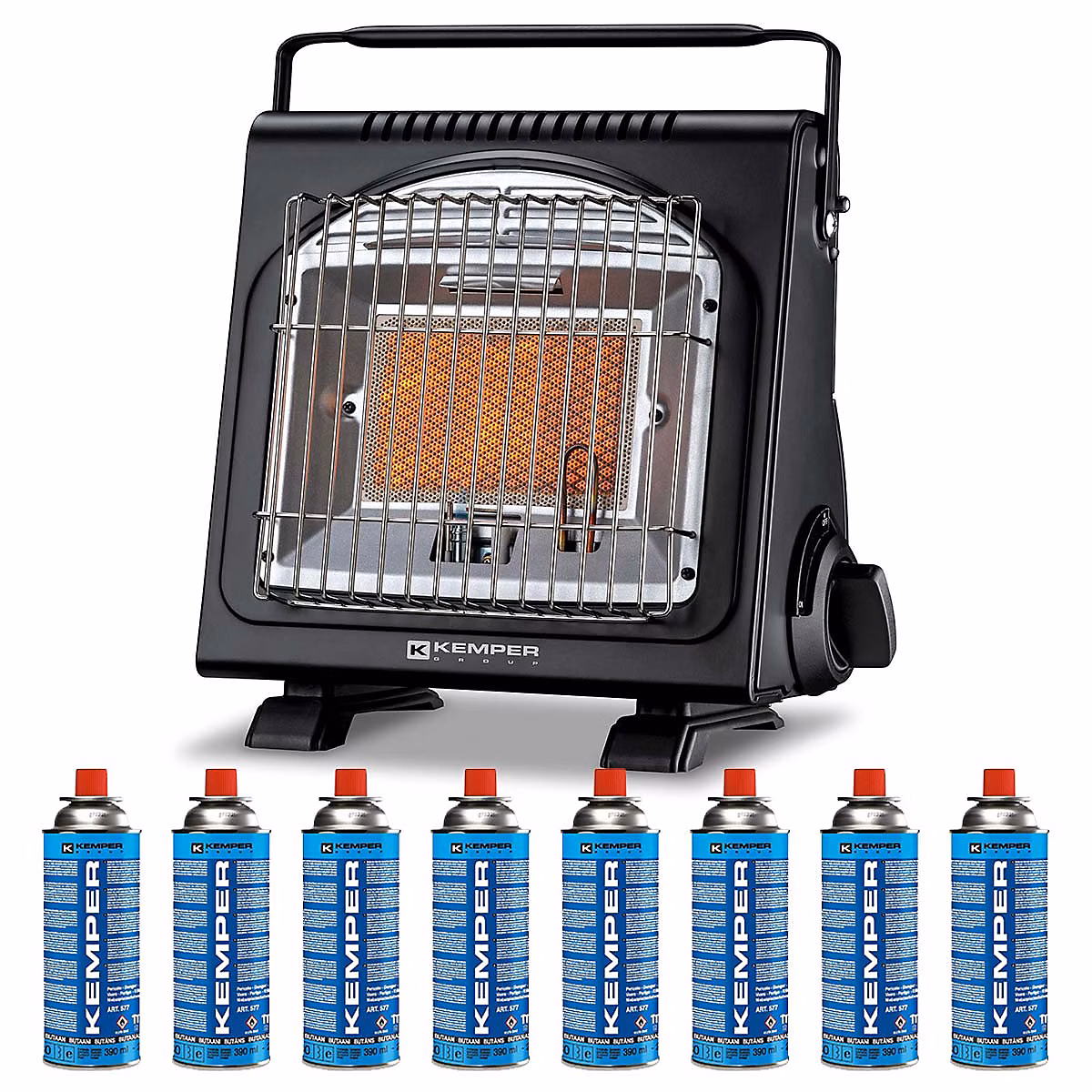 Chauffage d'appoint – Chauffage à gaz portable Piezo 1700W Systèmes Sécurité intégrés + 8 Cartouches de gaz Butane Autonomie 2h30 KEMPER