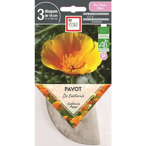 Jardin & maison:Graines présemées de Pavot de Californie bio Ernest Turc - 3 ronds de 10 cm