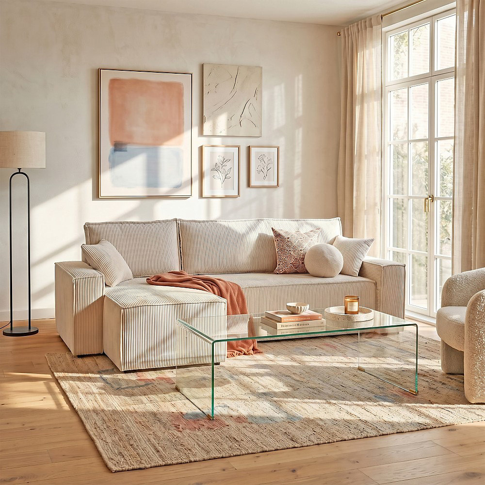 Canapé d'angle convertible et réversible avec coffre ELISE en velours côtelé / Beige – Réf. WFYPTPAZM1009141464