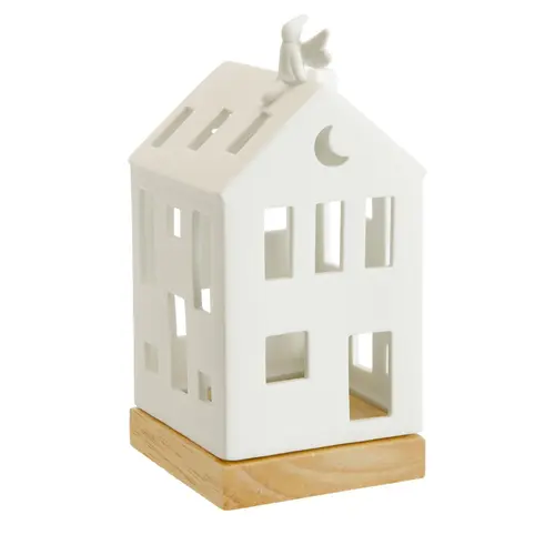 Espace vert utile:Photophore forme maison en céramique blanche avec fée taille M - Ø 7,7 x H 16 cm