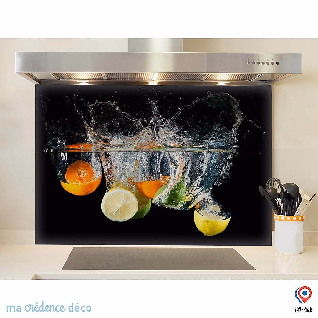 Crédence cuisine fond de hotte Bain d'agrumes | Verre trempé – L 90 cm x H 70 cm – MaCrédenceDéco