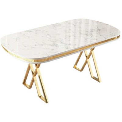 Table de repas ovale pieds en croix Zae (Blanc marbré et Doré)