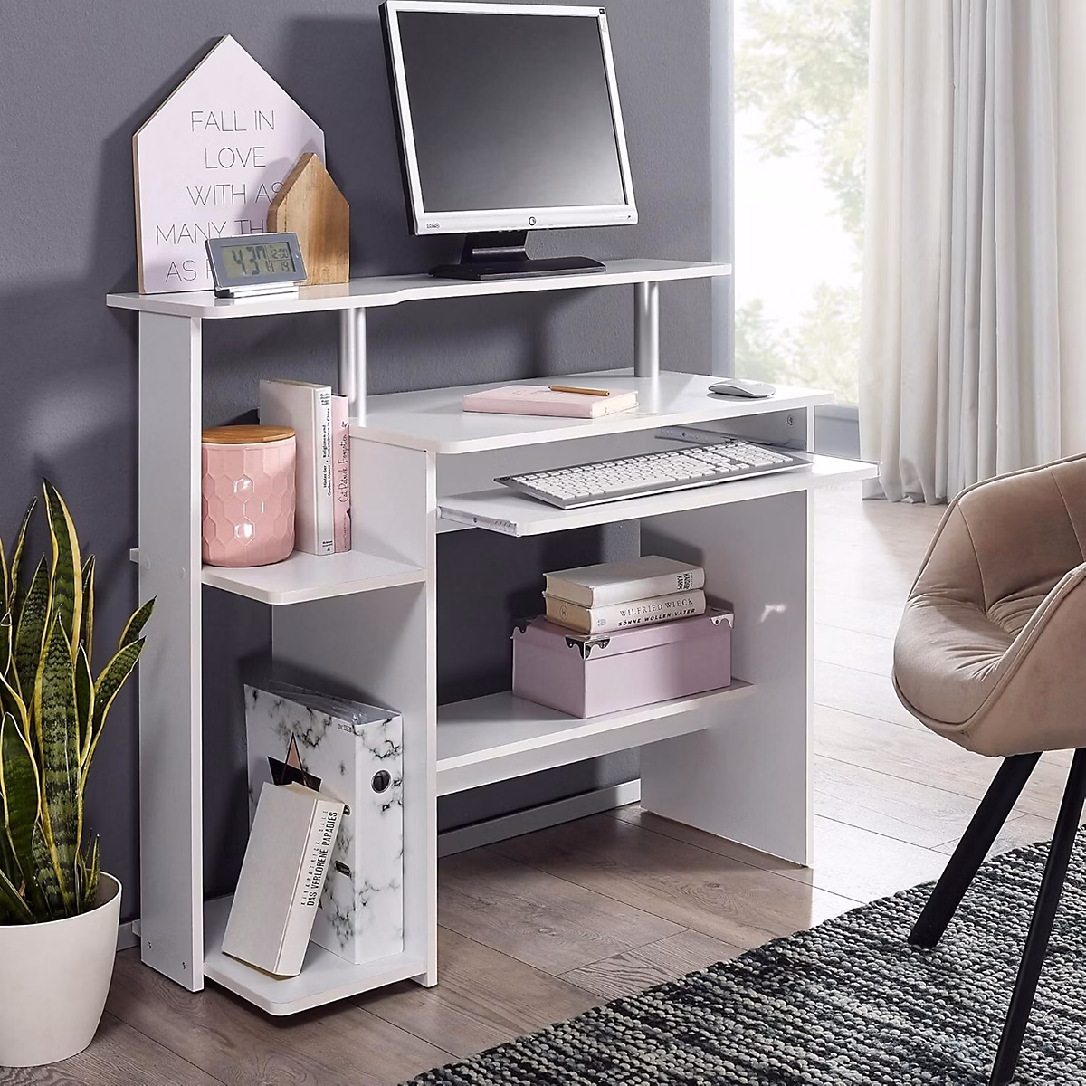 Aménagement bureau – Bureau avec Rangement et Tablette Clavier Coulissante Blanc