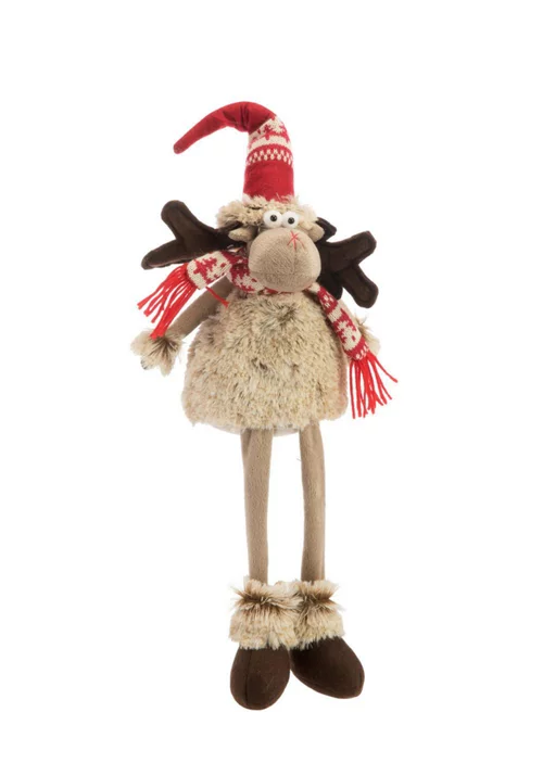 Utile extérieur:Figurine renne assis écharpe tricot coloris gris en tissu - 18 x 15 x 55 cm
