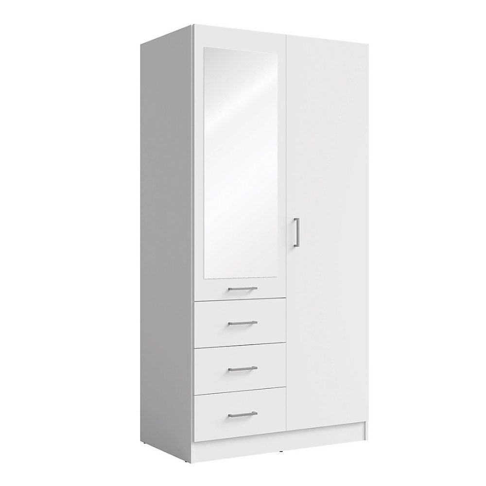 Armoire penderie – Armoire KALISTA 101 cm blanc mat avec miroir et 3 tiroirs 2 portes battantes