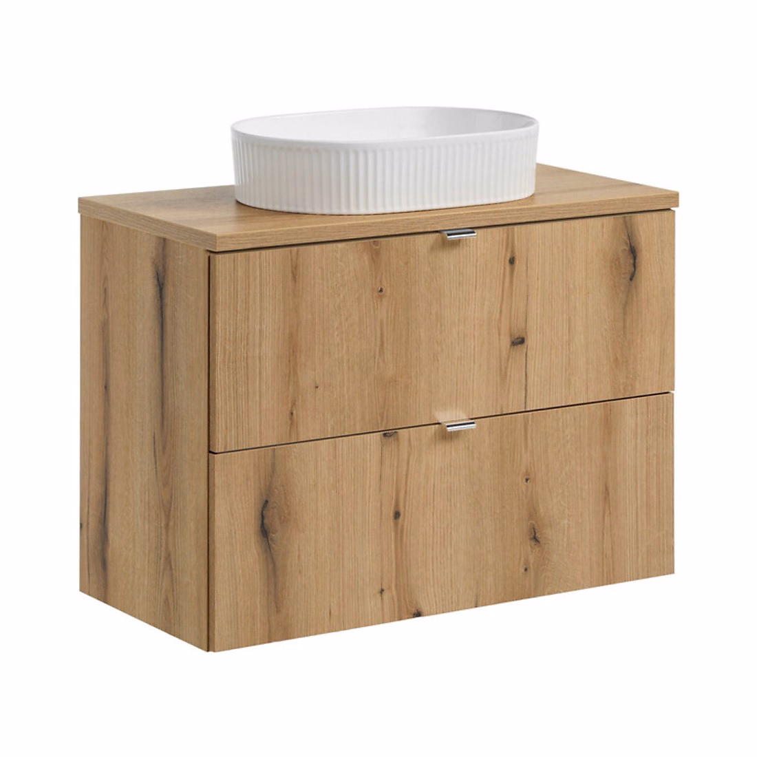 Meuble vasque – Ensemble VANO aspect chene 80cm : meubles sous vasque à tiroirs et plan pour vasque et vasque à poser rainurée blanche