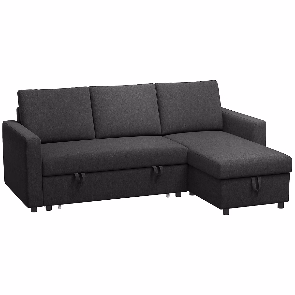 Canapé d'angle 3 places convertible réversible – coffre intégré, garnissage mousse haute densité, tissu noir