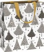 Qualité au jardin：Sac à cadeaux blanc avec sapins argent moyen modèle Pictura